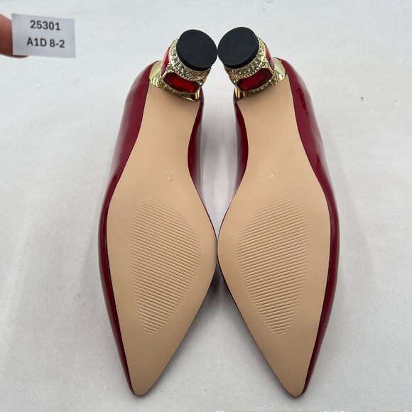 FSJ Dark Red Bridal Pointed Toe Chunky Block Low Heel Crystal Pumps Slip on Shoe - Picture 7 of 8